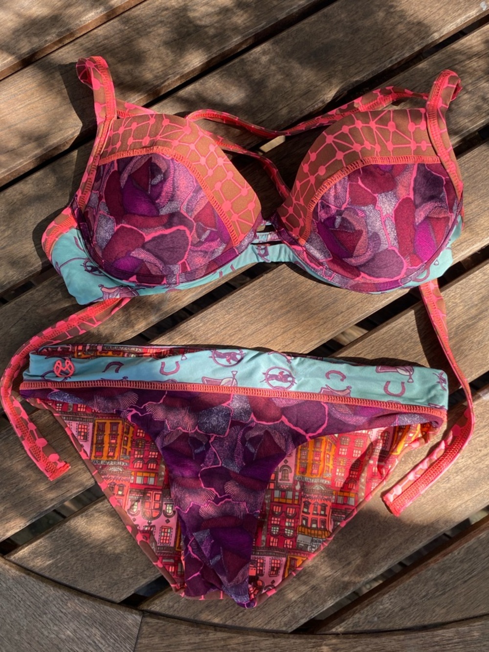 Maaji Reversible Bikini Set Underwire Top L Bottoms S Pink Purple Floral NWOT